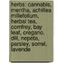 Herbs: Cannabis, Mentha, Achillea Millefolium, Herbal Tea, Comfrey, Bay Leaf, Oregano, Dill, Nepeta, Parsley, Sorrel, Lavende