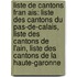 Liste De Cantons Fran Ais: Liste Des Cantons Du Pas-De-Calais, Liste Des Cantons De L'Ain, Liste Des Cantons De La Haute-Garonne