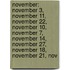 November: November 3, November 11, November 22, November 10, November 7, November 14, November 27, November 18, November 21, Nov
