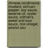 Chinese Condiments: Mustard, Sichuan Pepper, Soy Sauce, Sesame Oil, Oyster Sauce, Colman's, Sweet And Sour Sauce, Rice Vinegar, Peanut Sau