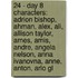 24 - Day 8 Characters: Adrion Bishop, Ahman, Alex, Ali, Allison Taylor, Ames, Amis, Andre, Angela Nelson, Anna Ivanovna, Anne, Anton, Arlo Gl