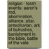 Religion - Torah Events: Aaron's Rod, Abomination, Alliance, Altar, Antediluvian, Ark Of Bulrushes, Banishment In The Bible, Battle Of The Vale