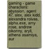 Gaming - Game Characters: Abyssion, Agent 47, Alex, Alex Kidd, Alexandra Roivas, Alpha.Exe, Amy Rose, Andrew Oikonny, Aryll, Athena Asamiya, Aur