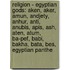 Religion - Egyptian Gods: Aken, Aker, Amun, Andjety, Anhur, Anti, Anubis, Apis, Ash, Aten, Atum, Ba-Pef, Babi, Bakha, Bata, Bes, Egyptian Panthe