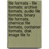 File Formats - File Formats: Archive Formats, Audio File Formats, Binary File Formats, Chemical File Formats, Container Formats, Disk Image File Fo