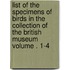List of the Specimens of Birds in the Collection of the British Museum Volume . 1-4
