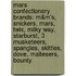 Mars Confectionery Brands: M&M's, Snickers, Mars, Twix, Milky Way, Starburst, 3 Musketeers, Spangles, Skittles, Dove, Maltesers, Bounty