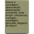 Towns in Ceredigion: Aberystwyth, Aberystwyth University, Louie Knight, Penparcau, Cardigan, Ceredigion, Lampeter, Tregaron, Llandysul