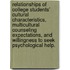 Relationships of College Students' Cultural Characteristics, Multicultural Counseling Expectations, and Willingness to Seek Psychological Help.